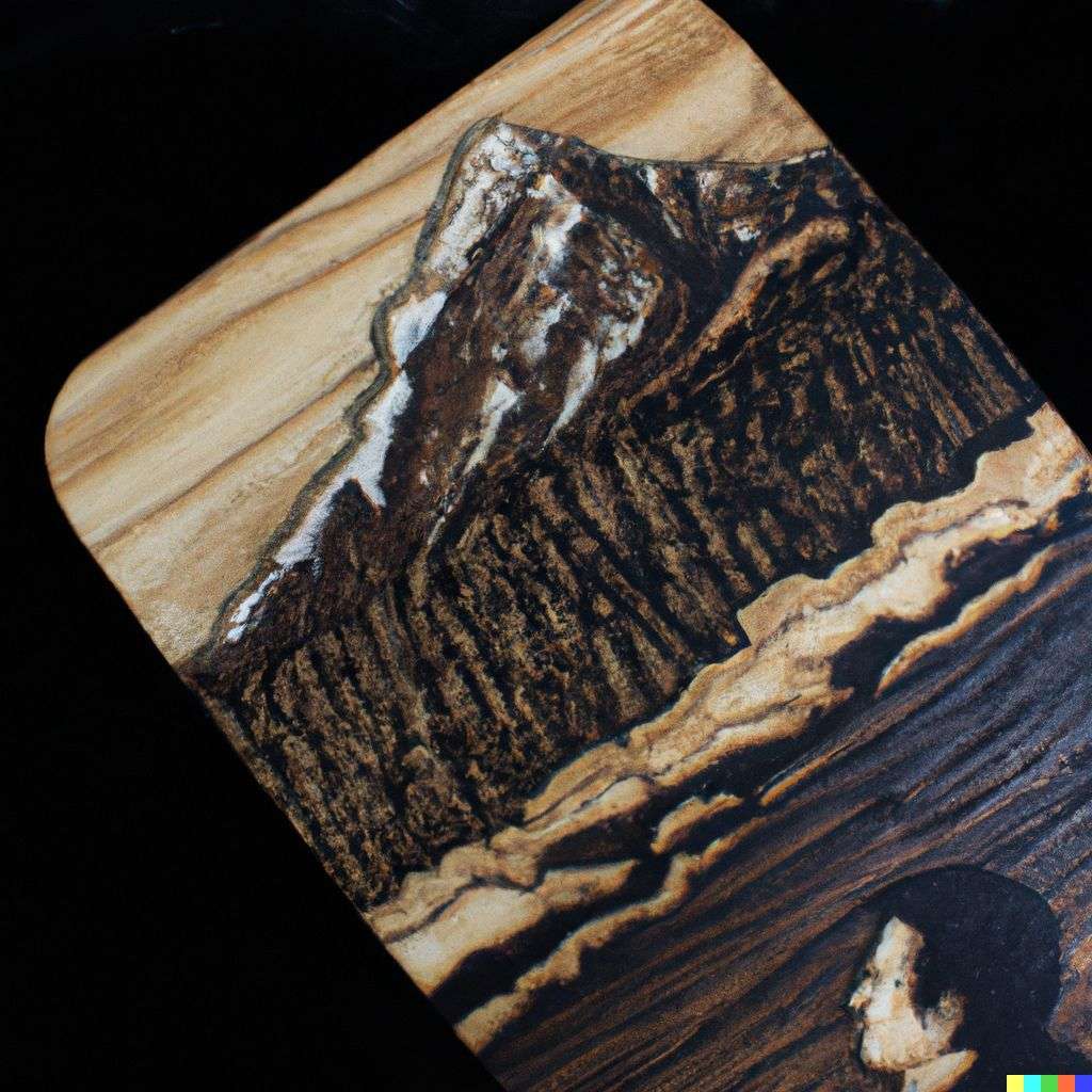 someone gazing at Mount Everest, pyrography on a piece of wood
